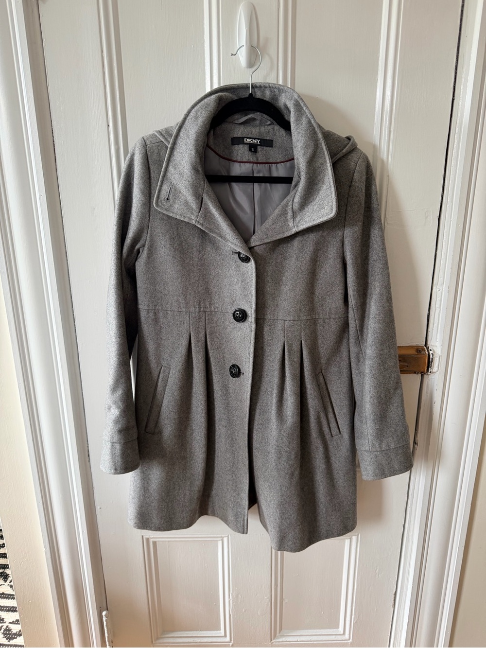 DKNY Gray Wool-Blend Pleated Pea Coat